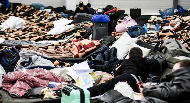 Thousands of Ukrainian refugees shelter in a converted shopping mall in Poland, near the border with Ukraine.