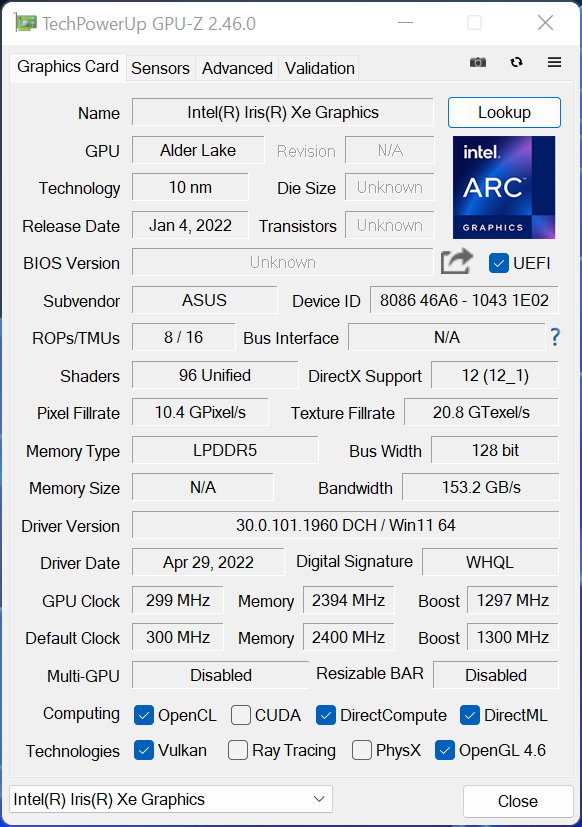 Asus Zenbook 14 OLED (UX3402ZA) – GPU-Z – specyfikacja Iris Xe Graphics (80 EU)