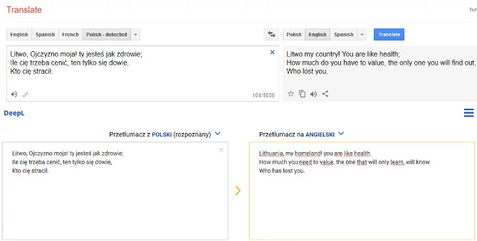 DeepL (na dole) i Google Translate (na górze) mocują się z Mickiewiczem...