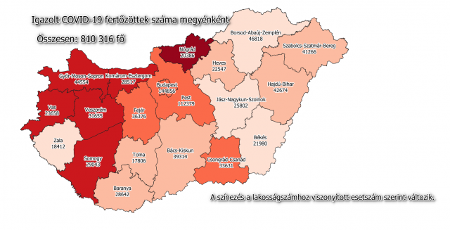 A fertőzöttek megoszlása megyénként / Fotó: koronavirus.gov.hu