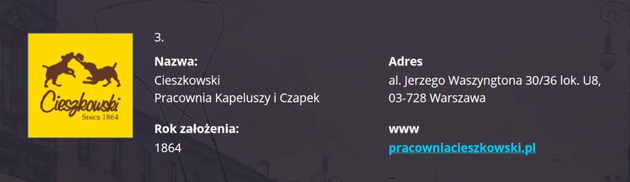 Jak czytamy na stronie internetowej firmy, to najstarszy zakład rzemieślniczy w Polsce, działający w branży kapeluszy i czapek. Stefan Cieszkowski założył go w 1864 r. przy ul. Chmielnej 14 w Warszawie.