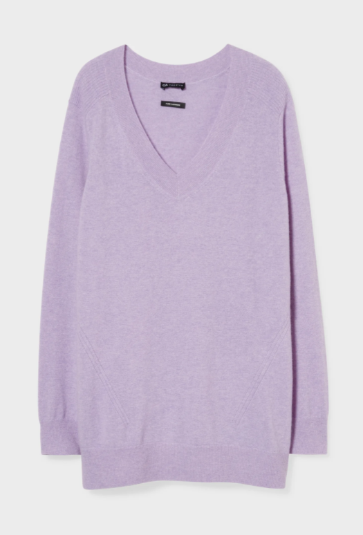Pullover violet en cachemire de C&A, environ 100 francs. 