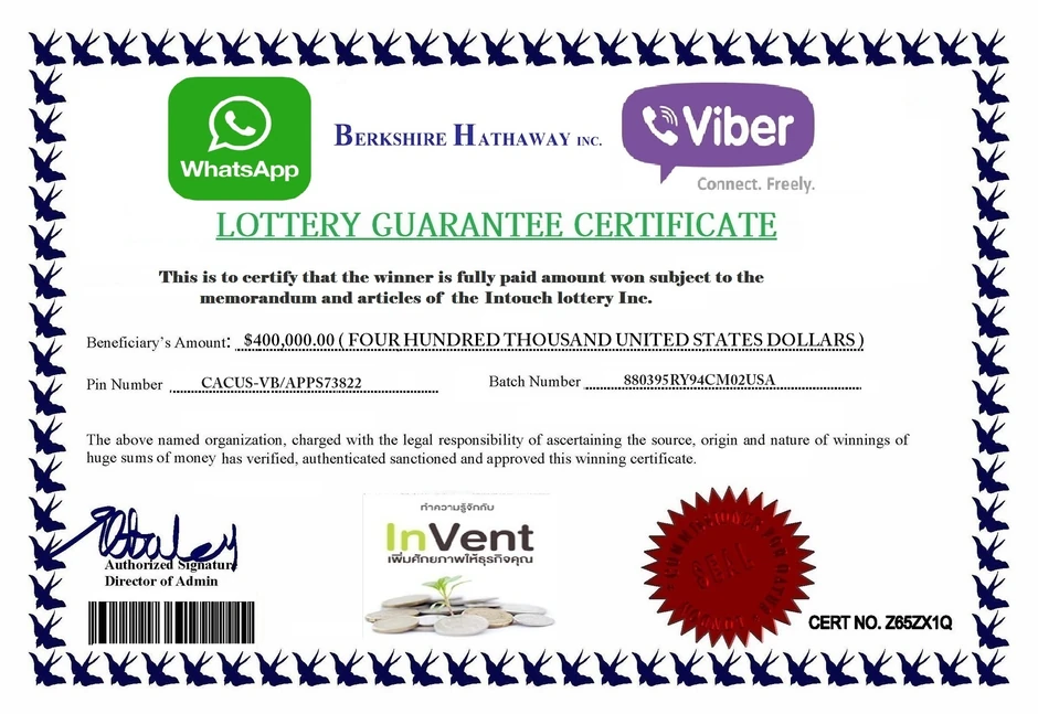 Dostavljen je i "sertifikat" namenjen da ubedi u verodostojnost "lutrije"