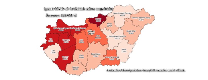 Covid-19 fertőzöttek száma megyénként / Fotó: koronavirus.gov.hu