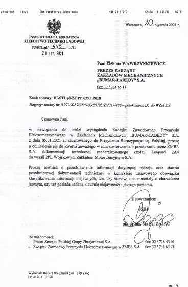 Pismo Inspektoratu Uzbrojenia do Elżbiety Wawrzynkiewicz.