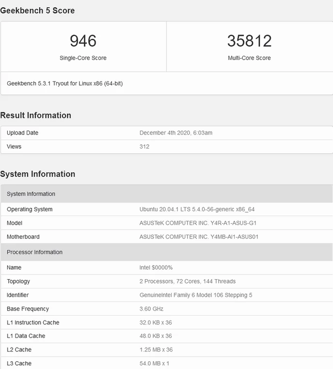 36-rdzeniowy i 72-wątkowy Intel Ice Lake-SP w bazie benchmarka Geekbench