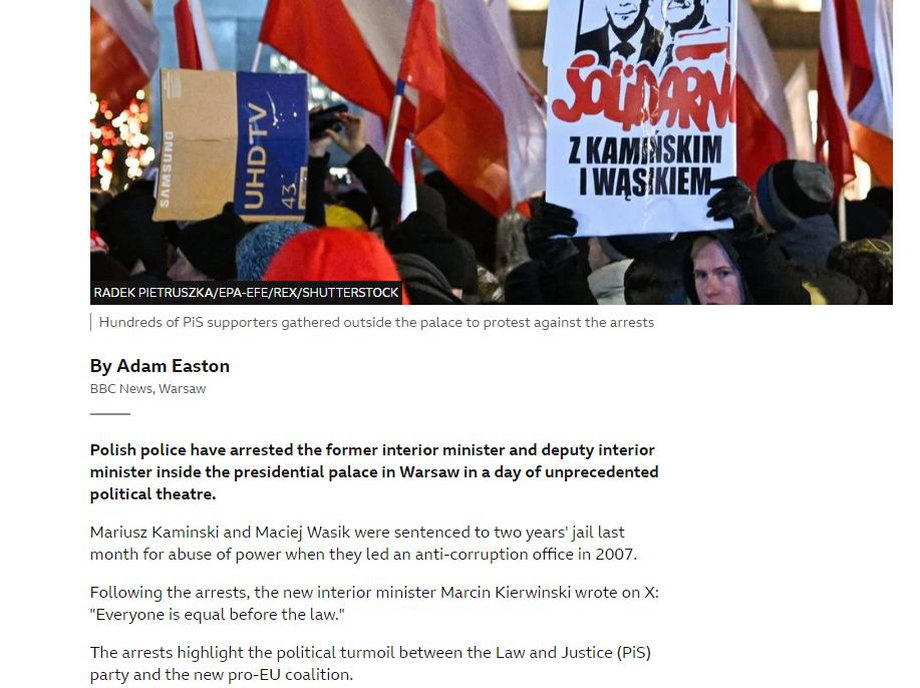 Początek artykułu BBC poświęconego sytuacji w Polsce