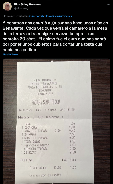 Účet zo španielskeho baru vyvolal pobúrenie. 