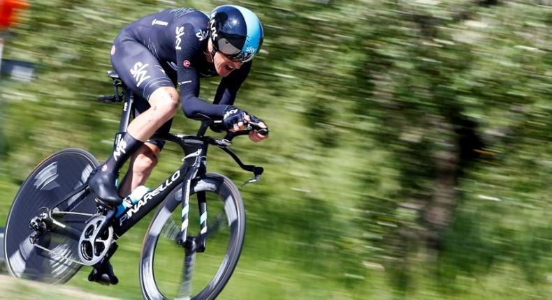 British cyclist Geraint Thomas from Team Sky rides during the 10th stage, an individual time-trial between Foligno and Montefalco during the 100th Giro d'Italia, Tour of Italy on May 16, 2017 in Montefalco