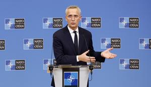 NATO Secretary General Jens Stoltenberg speaks at a meeting of NATO foreign ministers  in Brussels on Nov. 28, 2023.