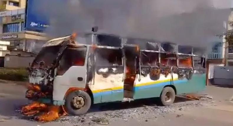 The bus that was torched by goons along Ngong Road in Nairobi on Tuesday, May 2, 2023, when anti-government protests called for by Azimio la Umoja - One Kenya resumed