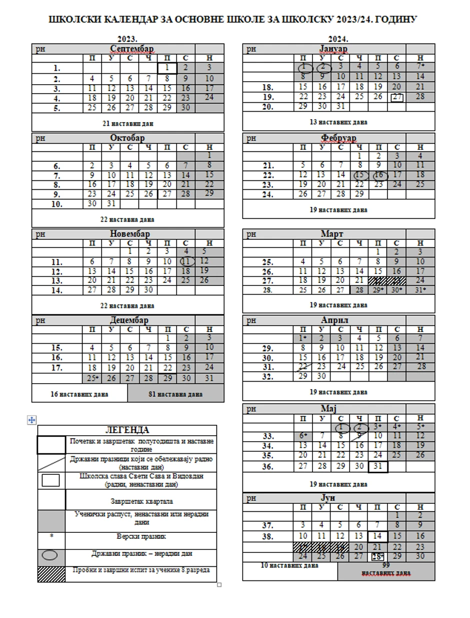 Školski kalendar za osnovne škole u Vojvodini 2023 i 2024