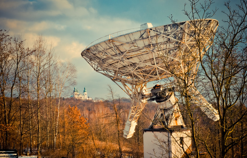 Klasztor kamedułów na Bielanach w tle nieodległego radioteleskopu Obserwatorium Astronomiczne Uniwersytetu Jagiellońskiego