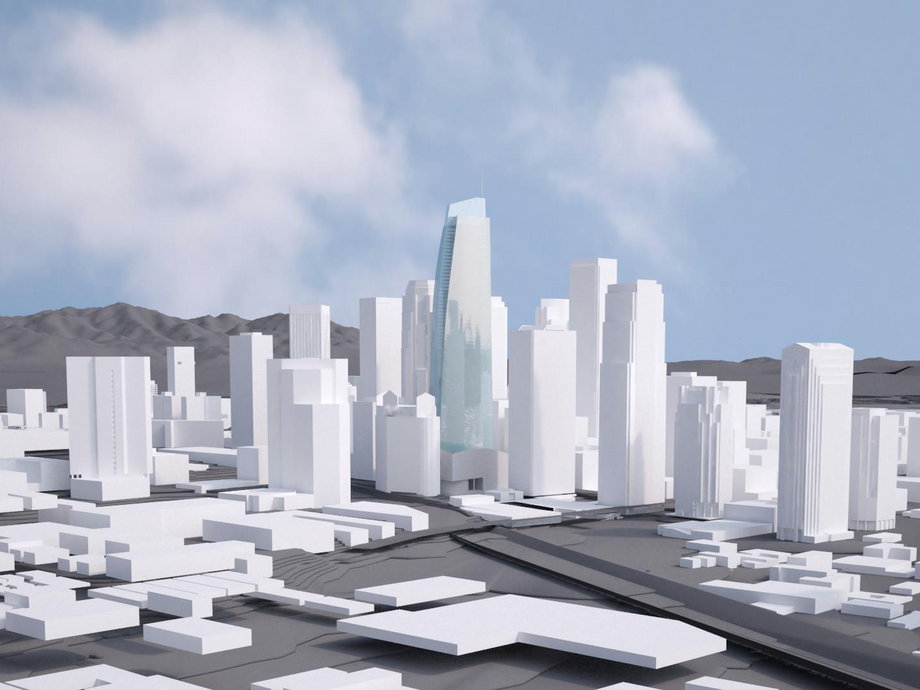 Located in Downtown Los Angeles' Financial District, the Wilshire Grand Center will be a new center point of the skyline, as this early rendering shows.