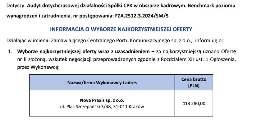 CPK ogłosiła, która oferta została wybrana w przetargu.