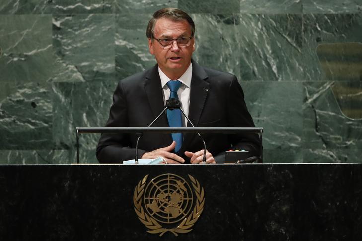 Jair Bolsonaro brazil elnök felszólal az ENSZ-közgyűlés 76. ülésszakán a világszervezet New York-i székházában 2021. szeptember 21-én / Fotó: MTI/AP/Pool/Eduardo Munoz
