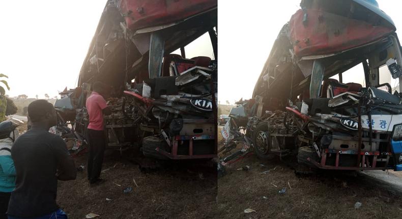 KIA Grandbird runs into faulty articulator truck on Kintampo-Techiman road