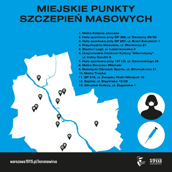 Mapa miejskich punktów szczepień masowych w Warszawie