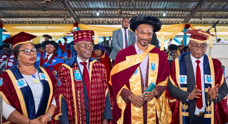 L-R: The Registrar and Secretary to the Council, University of Port Harcourt, Dr. Gloria Chinda; the Pro-Chancellor and Chairman of the Council, University of Port Harcourt, Distinguished Senator Andrew Ichendu; the Chief Executive Officer, Lekki Gardens Estate Limited, Dr, Richard Nyong, and the Vice Chancellor, University of Port Harcourt, Prof. Owunari Abraham Georgewill during the conferment of Honorary Doctorate Degree on Nyong at the convocation of the University held in Port Harcourt on Saturday.