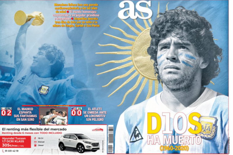 Okładka dziennika "AS" po śmierci Diego Maradony
