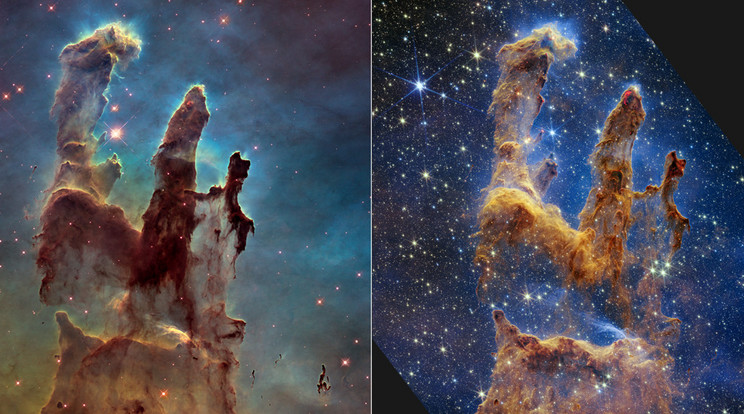 Ez a két felvétel sokat elárul a James Webb űrteleszkóp képességeiről. A NASA Hubble-űrteleszkópja 2014-ben készítette a bal oldali képet. A James Webb új, közeli infravörös fényben rögzített felvétele (jobbra) segít jobban átlátni a csillagkeletkezési régió porán. A Webb szemével olyan csillagokat azonosíthatunk, amelyek nemrégiben gyúltak ki, vagy ez éppen most történik meg velük. A közeli infravörös fény képes átjutni a vastag porfelhőkön, így sokkal többet tudhatunk meg erről a hihetetlen jelenségról. A híres Teremtéls oszlopai a Sas-ködön, egy hatalmas csillagkeletkezési régióban találhatók, mintegy 6500 fényévre a Földtől. / Fotó: NASA, ESA, Hubble Heritage Project (STScI, AURA)
