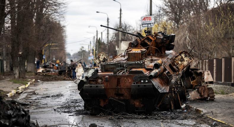 A destroyed Russian tank in Bucha, Ukraine, on April 16, 2022.Nils Petter Nilsson/Getty Images