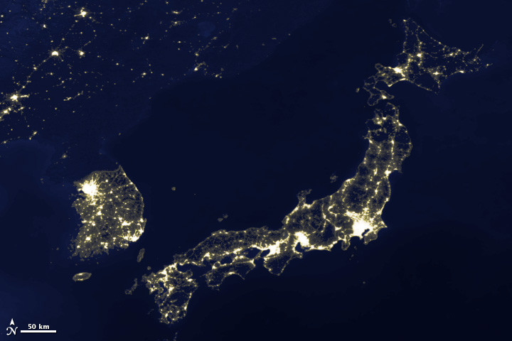 Półwysep Koreański i Japonia widziane nocą z Kosmosu