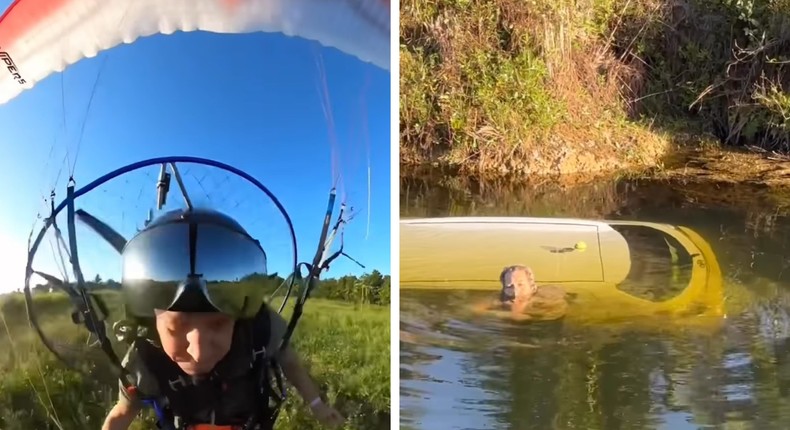 A collage showing Cristiano Piquet landing in a field to assist a woman who had fallen into a canal with her car.Cristiano Piquet