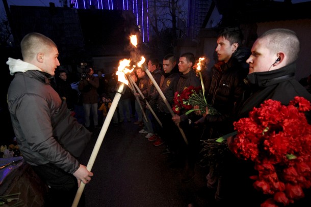 Activists of the ''Azov'' near the Belgian Embassy in Kyiv honored the victims of terrorist attacks 