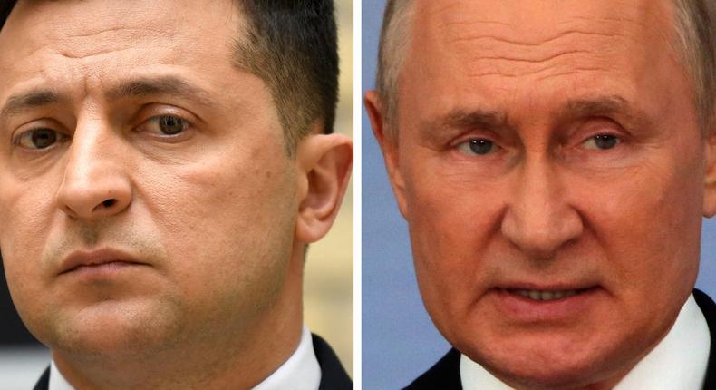 Le président ukrainien Volodymyr Zelenskyy et le président russe Vladimir Poutine. BERTRAND GUAY/AFP via Getty Images ; Contributor/Getty Images