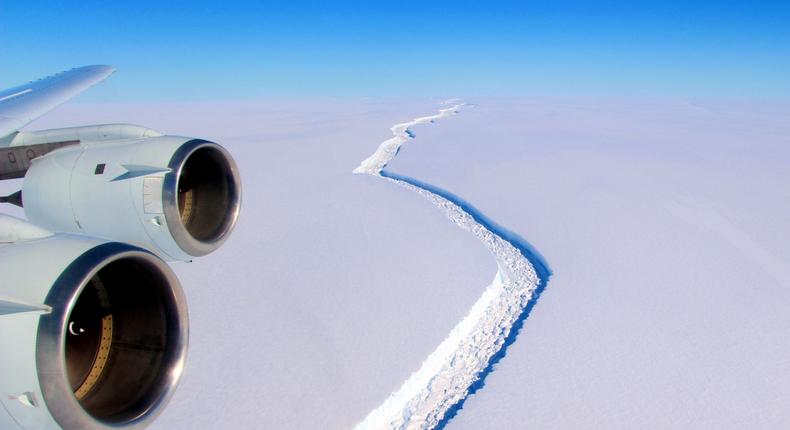 A 300-foot-wide, 70-mile-long rift in Antarctica's Larsen C ice shelf, as seen in November 2016.