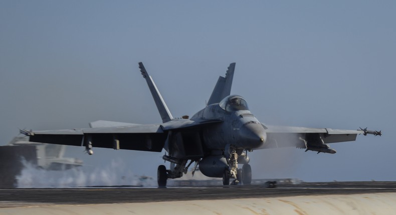 An F/A-18E Super Hornet, attached to the Gunslingers of Strike Fighter Squadron (VFA) 105, launches aboard the USS Dwight D. Eisenhower in the Red Sea on April 20.US Navy photo