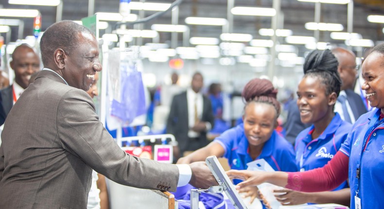 President William Ruto during a tour of Hela Apparel factory in Athi River, Machakos County on April 23, 2024