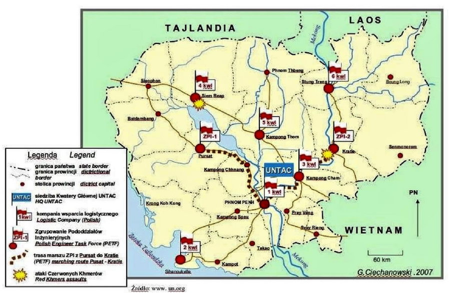 Mapa przedstawiająca rozmieszczenie jednostek ONZ w Kambodży