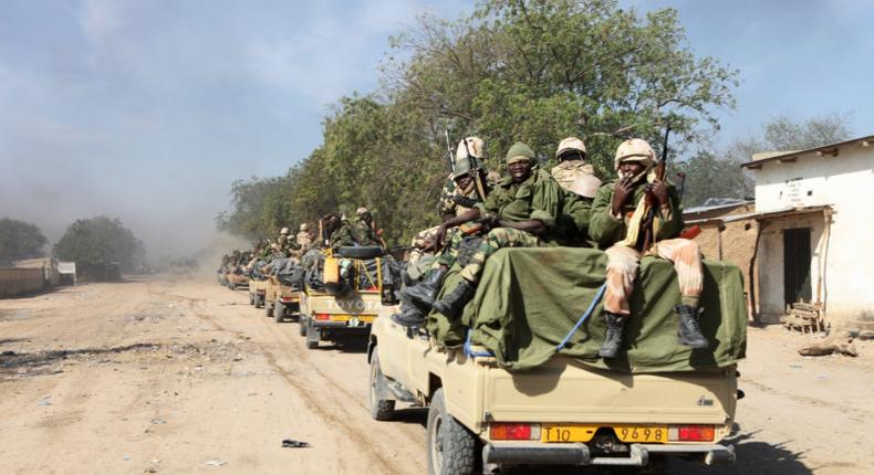 Chadian soldiers patrol in the Nigerian border town of Gamboru on Feb 4, 2015 (Foreign policy)