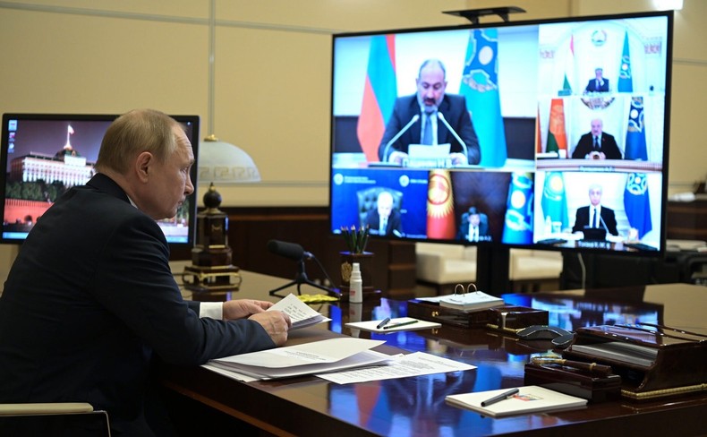 Putin at a meeting of the Collective Security Treaty Organization in response to unrest in Kazakhstan on January 10.Kremlin Press Office/Handout/Anadolu Agency via Getty Images