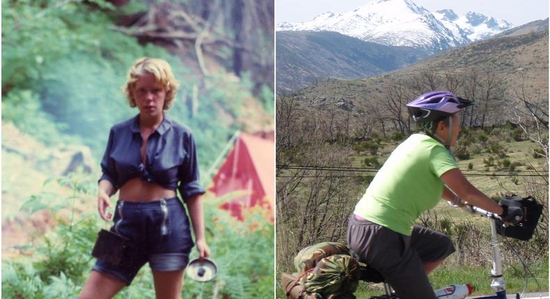 Louisa Rogers backpacking in her 20s and riding a bike in her 40s.Courtesy Louisa Rogers