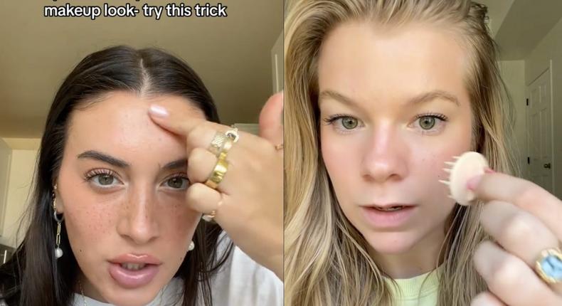 Fake freckle products are viral again, as TikTok communities react in different ways.(L) Screenshot/TIkTok - @kay_caputo, (R) Screenshot/TikTok - sarahebaus