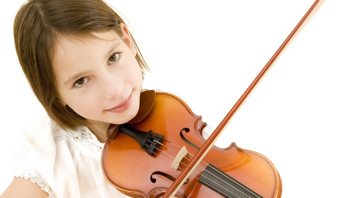 young girl with violin focused on hand isolated on white