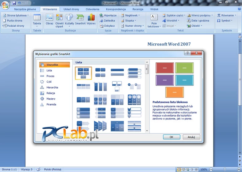 MS Word 2007 – biblioteka grafik SmartArt (kliknij, aby powiększyć)