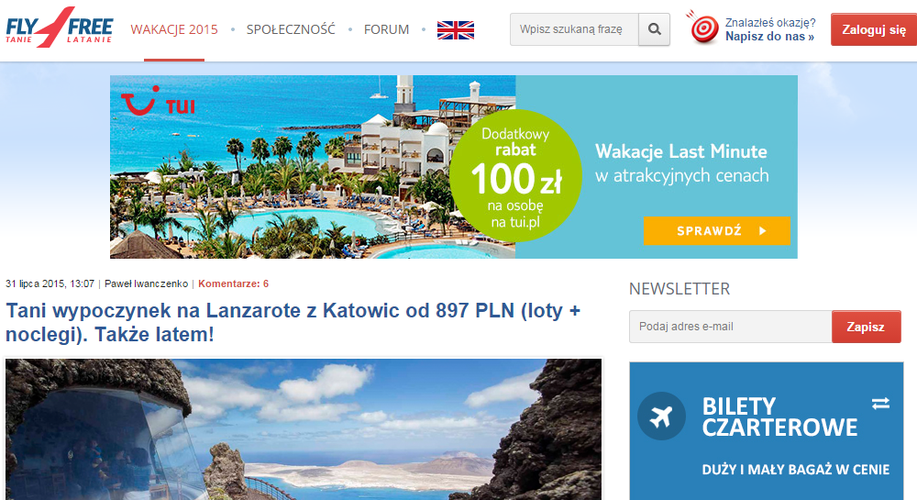 <strong>fly4free.pl</strong>
<br><br>
Największy serwis gromadzący tanie połączenia na całym świecie. Często znadziejmy tam również ciekawe oferty na przejazdy autokarami po Polsce i Europie oraz wiele rad dotyczących taniego podróżowania i zakupu biletów. Serwis wyposażony jest również w wyszukiwarkę. Aby być na bieżąco z ofertami, można polubić facebookowy fanpage Fly4Free