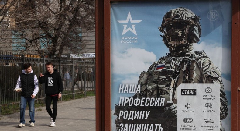 A Russian military recruitment poster in Moscow in April 2023.Contributor via Getty Images