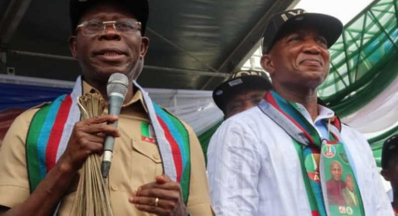 (Left) The National Chairman of the ruling All Progressives Congress (APC), Adams Oshiomhole asks INEC to conduct a fresh governorship election in Bayelsa state after the Supreme Court nullified the election of his party's candidate, David Lyon (Right) on February 14, 2020.  (TheCable)