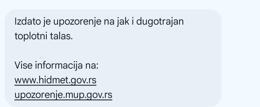 Poruka upozorenja Ministarstva unutrašnjih poslova (MUP) Srbije na predstojeći, najavljeni toplotni talas | Foto: BBC