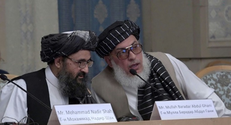 Mullah Abdul Ghani Baradar (L) and Stanikzai Sher Mohammad Abbas Abbas, of the Afghan Taliban, during May, 2019 talks in Moscow with leading Afghan politicians -- but not the Kabul administration