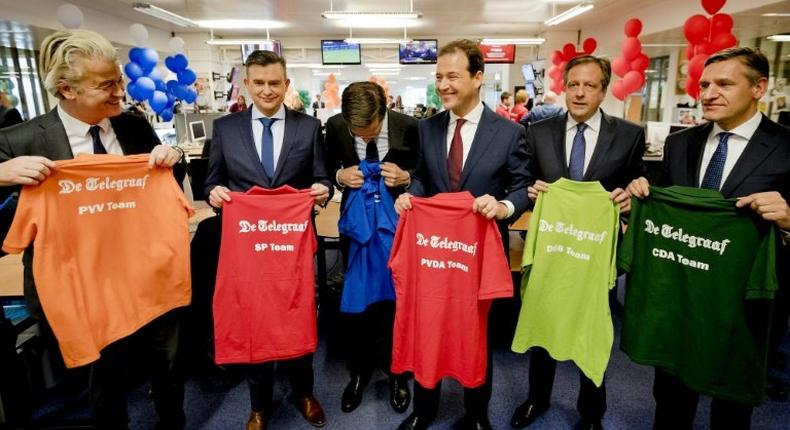 (L-R) Dutch party leaders Geert Wilders (PVV), Emile Roemer (SP), Mark Rutte (VVD), Lodewijk Asscher (PvdA), Alexander Pechtold (D66) and Sybrand van Haersma Buma (CDA)