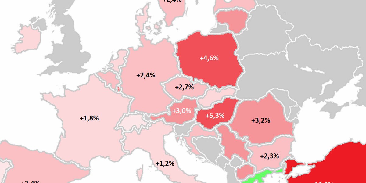 Do liderujących w UE w inflacji Węgier i Polski stopniowo dołączają inne kraje.