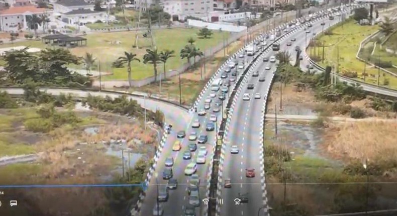 Aerial view of Osborne Road inward Adekunle showing traffic building up.