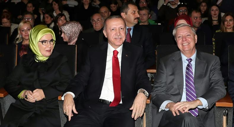 Turkish President Recep Tayyip Erdogan attended Say's Troy Sonata concert in Ankara along with wife Emine Erdogan and US Senator Lindsey Graham in this presidential office handout picture