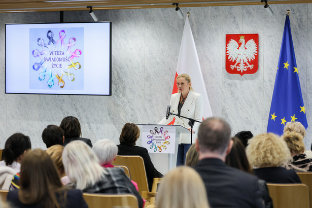 Minister edukacji Barbara Nowacka na konferencji nt. edukacji zdrowotnej, Warszawa 12.02.2024.